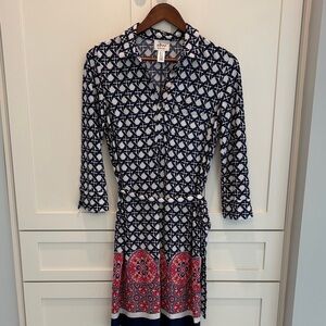 Geometric Patterned Dress with Red Accents